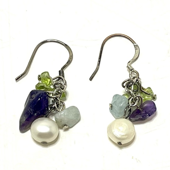 Artisan Jewelry - Sterling Silver, Amethyst, Peridot and Fresh Water Pearl Earrings. Artisan.